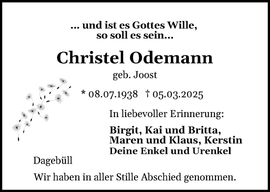 Traueranzeige von Christel Odemann von Husumer Nachrichten, Nordfriesland Tageblatt