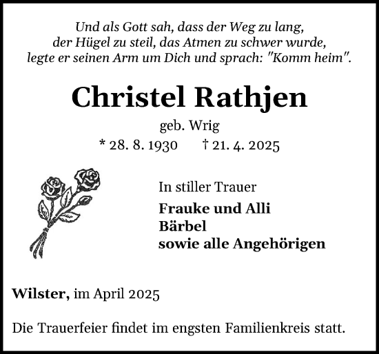 Traueranzeige von Christel Rathjen von Norddeutsche Rundschau, Wilstersche Zeitung, Glückstädter Fortuna