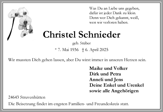 Traueranzeige von Christel Schnieder von Umschau