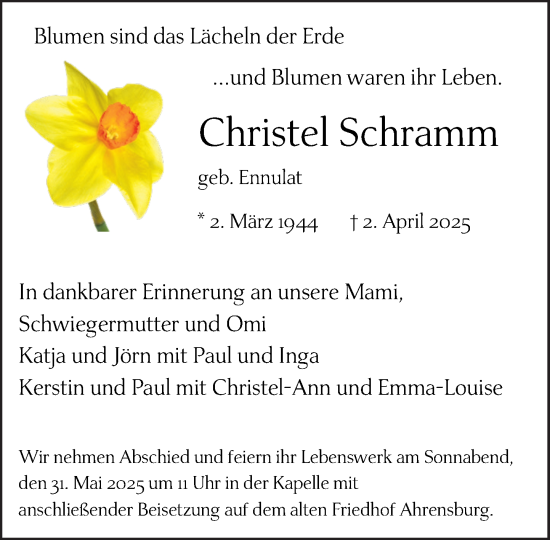 Traueranzeige von Christel Schramm von MARKT Ahrensburg/Bargteheide/Trittau und Stormarner Tageblatt