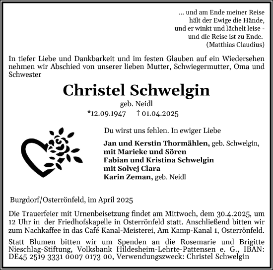 Traueranzeige von Christel Schwelgin von Schleswig-Holsteinische Landeszeitung