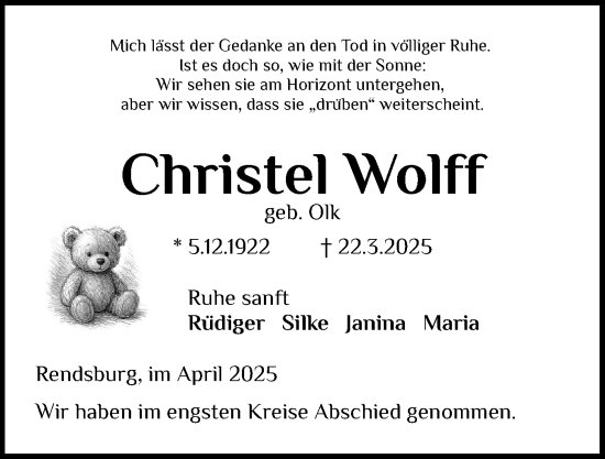 Traueranzeige von Christel Wolff von Schleswig-Holsteinische Landeszeitung