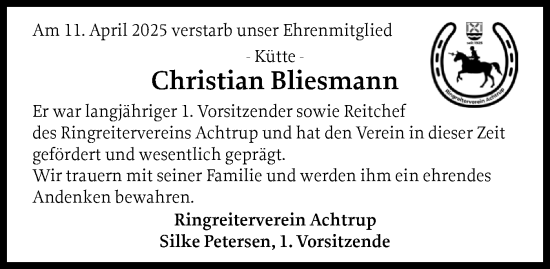 Traueranzeige von Christian Bliesmann von Husumer Nachrichten, Nordfriesland Tageblatt