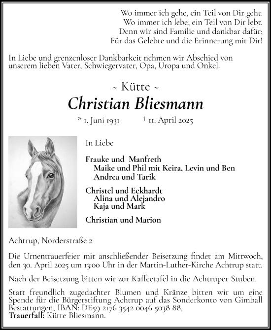 Traueranzeige von Christian Bliesmann von Husumer Nachrichten, Nordfriesland Tageblatt