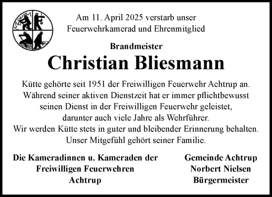 Traueranzeige von Christian Bliesmann von Husumer Nachrichten, Nordfriesland Tageblatt