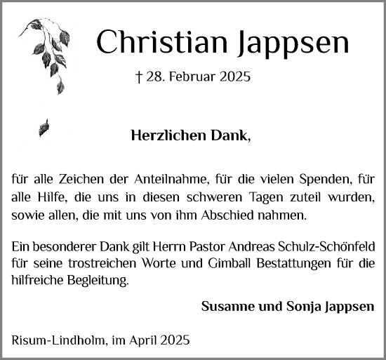 Traueranzeige von Christian Jappsen von Husumer Nachrichten, Nordfriesland Tageblatt