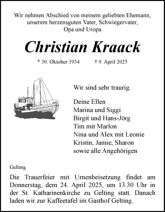 Traueranzeige von Christian Kraack von Flensburger Tageblatt, Schleswiger Nachrichten, Schlei-Bote