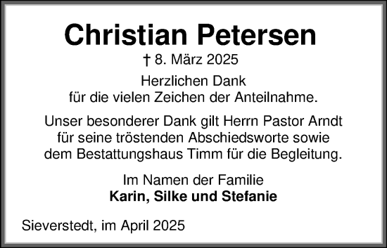 Traueranzeige von Christian Petersen von Flensburger Tageblatt, Schleswiger Nachrichten, Schlei-Bote