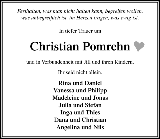 Traueranzeige von Christian Pomrehn von MARKT Bad Oldesloe/Reinfeld und Stormarner Tageblatt