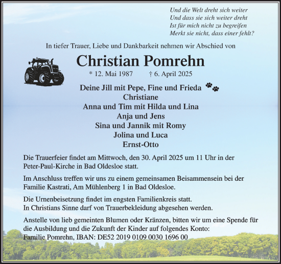Traueranzeige von Christian Pomrehn von MARKT Bad Oldesloe/Reinfeld und Stormarner Tageblatt