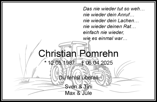 Traueranzeige von Christian Pomrehn von MARKT Bad Oldesloe/Reinfeld und Stormarner Tageblatt