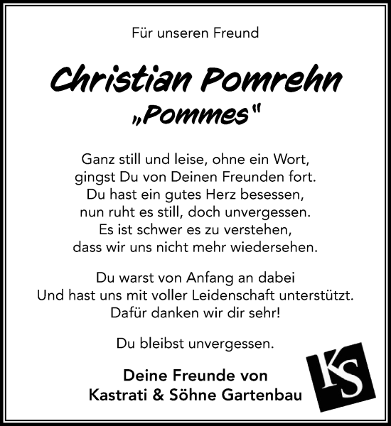 Traueranzeige von Christian Pomrehn von MARKT Bad Oldesloe/Reinfeld und Stormarner Tageblatt