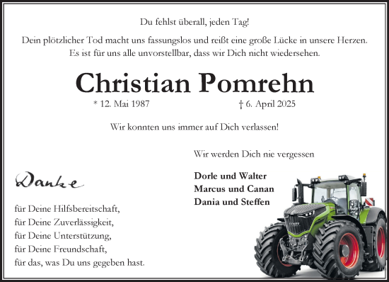 Traueranzeige von Christian Pomrehn von MARKT Bad Oldesloe/Reinfeld und Stormarner Tageblatt