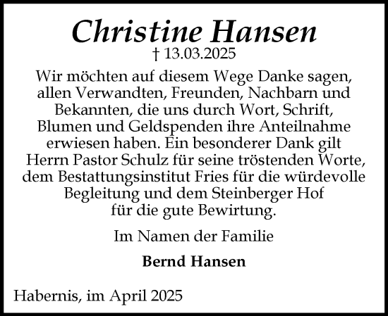 Traueranzeige von Christine Hansen von Region Flensburg
