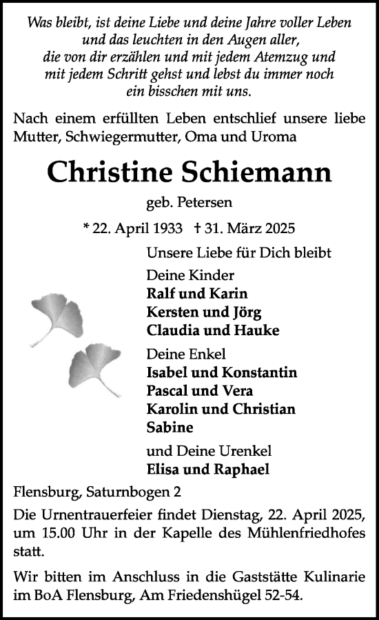 Traueranzeige von Christine Schiemann von Flensburger Tageblatt