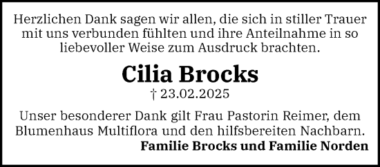 Traueranzeige von Cilia Brocks von Schleswig-Holsteinische Landeszeitung