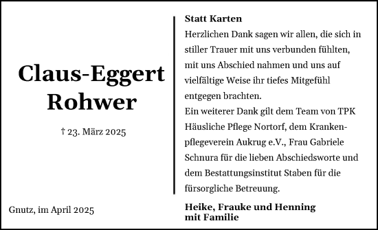 Traueranzeige von Claus-Eggert Rohwer von Schleswig-Holsteinische Landeszeitung