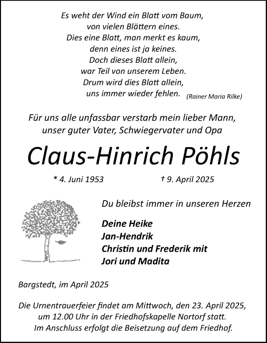 Traueranzeige von Claus-Hinrich Pöhls von Schleswig-Holsteinische Landeszeitung