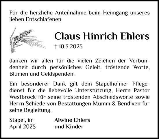 Traueranzeige von Claus Hinrich Ehlers von Schleswig-Holsteinische Landeszeitung