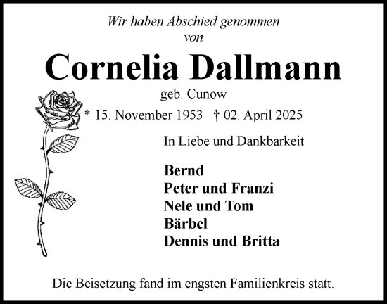 Traueranzeige von Cornelia Dallmann von MARKT Ratzeburg/Mölln