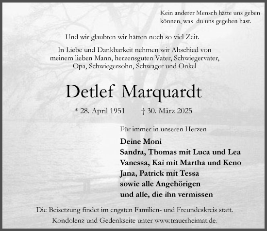 Traueranzeige von Detlef Marquardt von Umschau