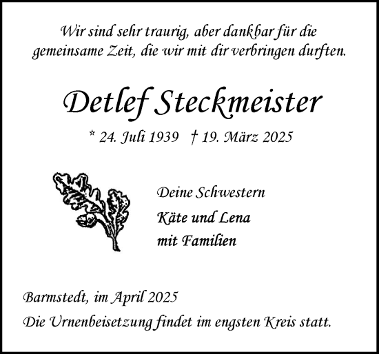 Traueranzeige von Detlef Steckmeister von Elmshorner Nachrichten, Barmstedter Zeitung