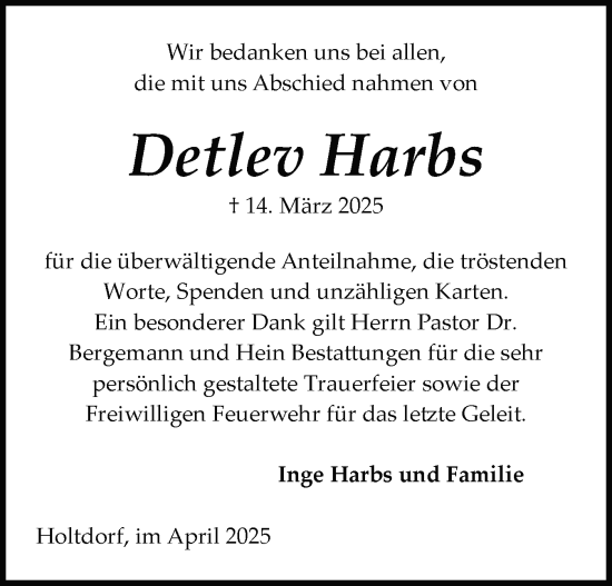 Traueranzeige von Detlev Harbs von Schleswig-Holsteinische Landeszeitung