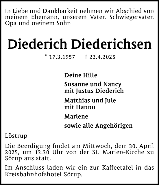 Traueranzeige von Diederich Diederichsen von Flensburger Tageblatt, Schleswiger Nachrichten, Schlei-Bote
