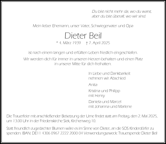 Traueranzeige von Dieter Beil von MARKT Ahrensburg/Bargteheide/Trittau und Stormarner Tageblatt