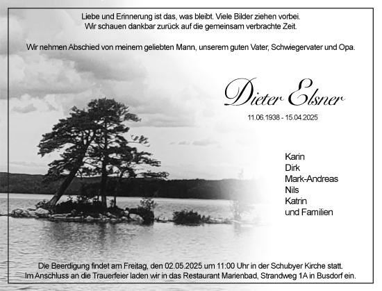 Traueranzeige von Dieter Elsner von Schleswiger Nachrichten, Schlei-Bote