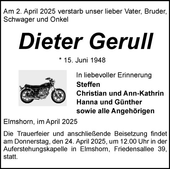 Traueranzeige von Dieter Gerull von Elmshorner Nachrichten, Barmstedter Zeitung