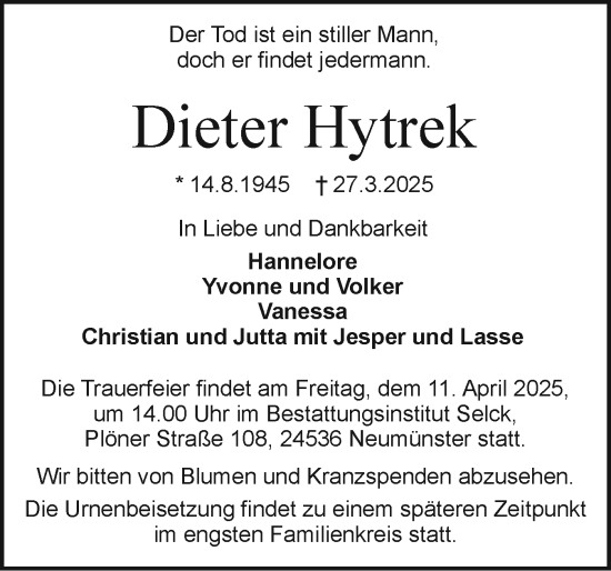 Traueranzeige von Dieter Hytrek von Holsteinischer Courier