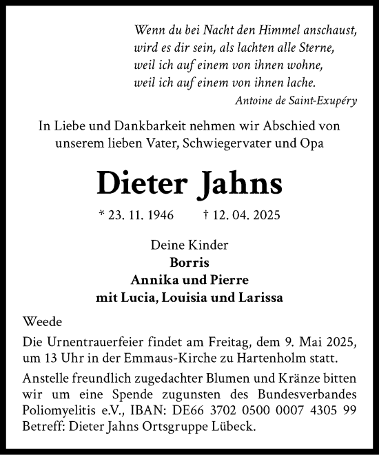 Traueranzeige von Dieter Jahns von Umschau