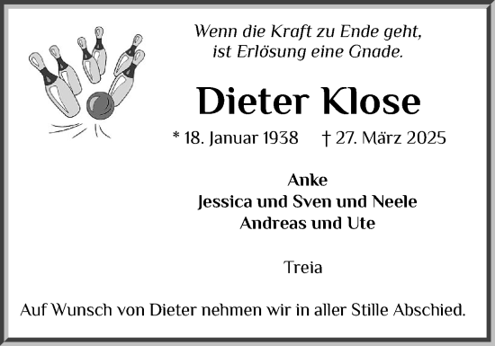 Traueranzeige von Dieter Klose von Schleswiger Nachrichten, Schlei-Bote