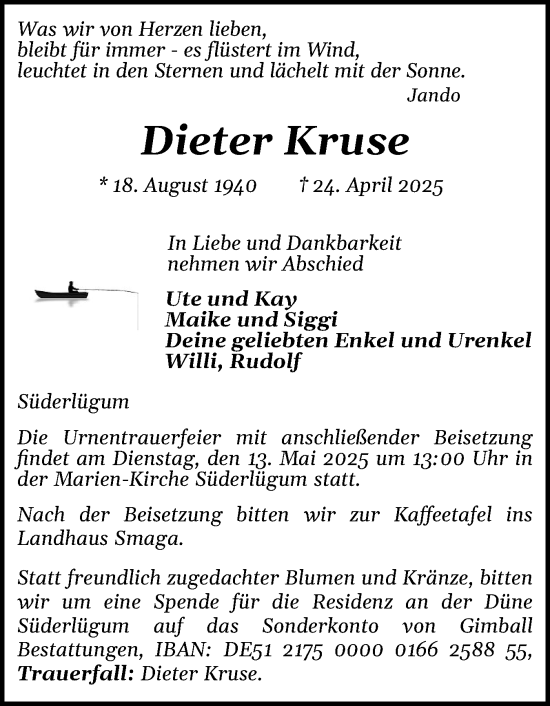 Traueranzeige von Dieter Kruse von Husumer Nachrichten, Nordfriesland Tageblatt