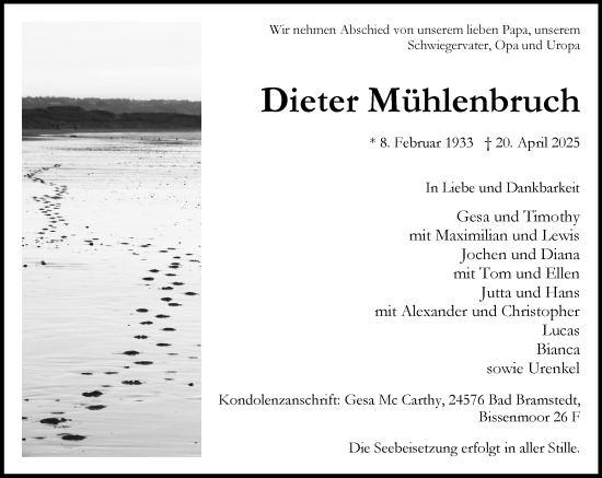 Traueranzeige von Dieter Mühlenbruch von Wochenend Anzeiger