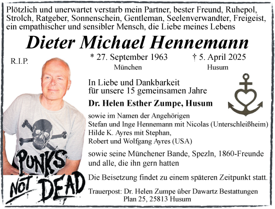 Traueranzeige von Dieter Michael Hennemann von Husumer Nachrichten, Nordfriesland Tageblatt