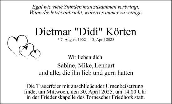 Traueranzeige von Dietmar Körten von Uetersener Nachrichten, Der tip am Wochenende