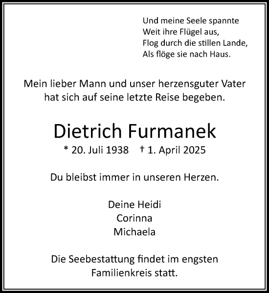 Traueranzeige von Dietrich Furmanek von MARKT Bad Oldesloe/Reinfeld und Stormarner Tageblatt