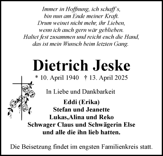 Traueranzeige von Dietrich Jeske von Eckernförder Zeitung, Hallo Eckernförde
