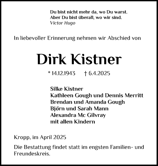Traueranzeige von Dirk Kistner von Schleswig-Holsteinische Landeszeitung