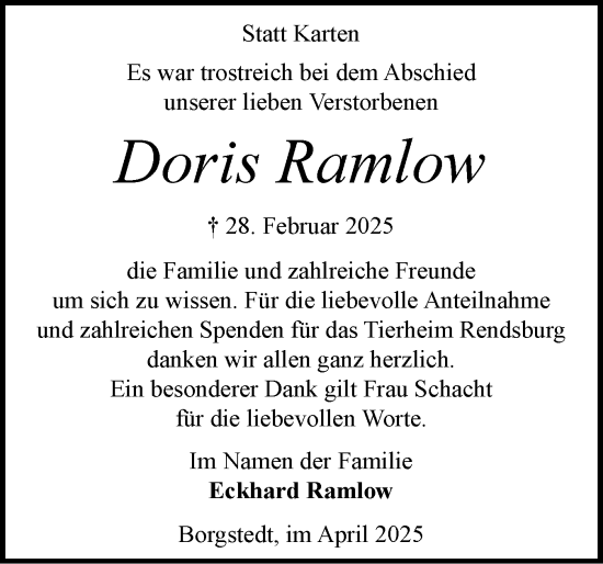 Traueranzeige von Doris Ramlow von Schleswig-Holsteinische Landeszeitung