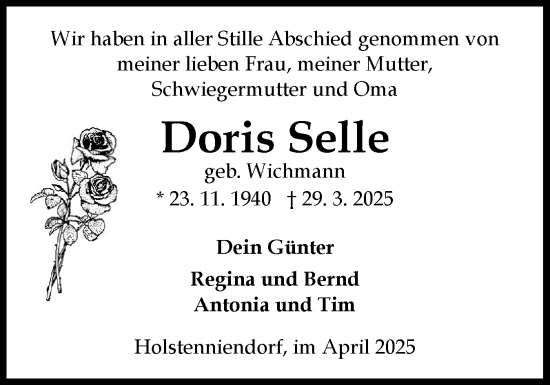Traueranzeige von Doris Selle von Norddeutsche Rundschau, Wilstersche Zeitung, Glückstädter Fortuna