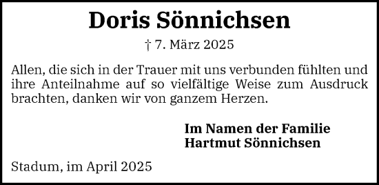 Traueranzeige von Doris Sönnichsen von Husumer Nachrichten, Nordfriesland Tageblatt