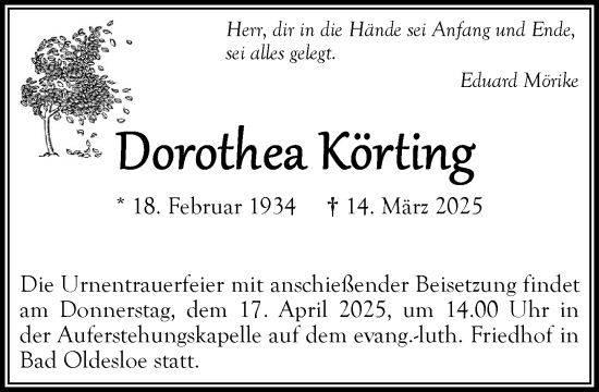 Traueranzeige von Dorothea Körting von MARKT Bad Oldesloe/Reinfeld und Stormarner Tageblatt