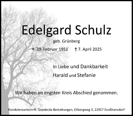 Traueranzeige von Edelgard Schulz von MARKT Glinde/Reinfeld