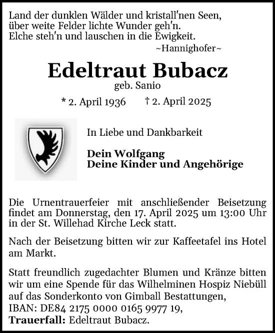 Traueranzeige von Edeltraut Bubacz von Husumer Nachrichten, Nordfriesland Tageblatt
