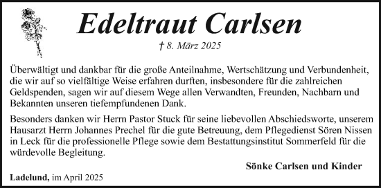 Traueranzeige von Edeltraut Carlsen von Husumer Nachrichten, Nordfriesland Tageblatt