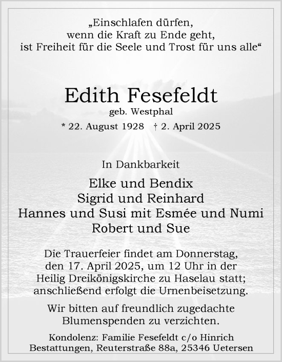Traueranzeige von Edith Fesefeldt von Uetersener Nachrichten, Der tip am Wochenende