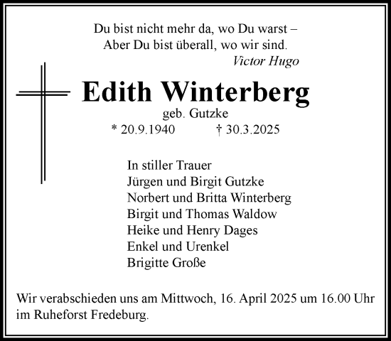 Traueranzeige von Edith Winterberg von MARKT Ratzeburg/Mölln